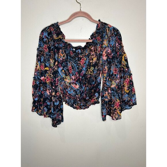 Free People Free Spirit Printed Off-The-Shoulder Bell Sleeve Top Boho Festival S - Picture 2 of 8